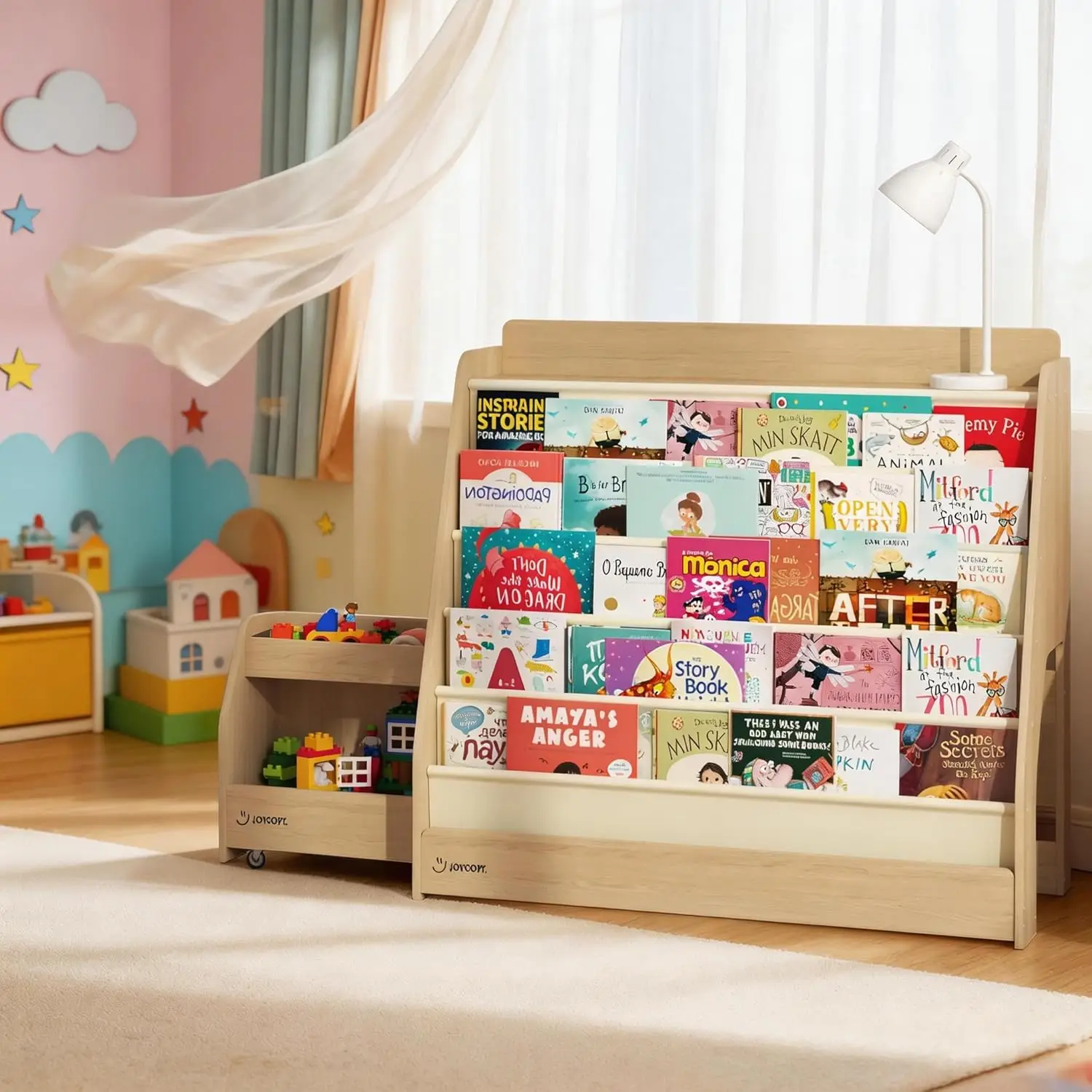

2-in-1 Kids Bookshelf and Toy Storage 5-Tier Toddler Bookcase Set with Rolling Cart Hideable Storage for Nursery,, Customized