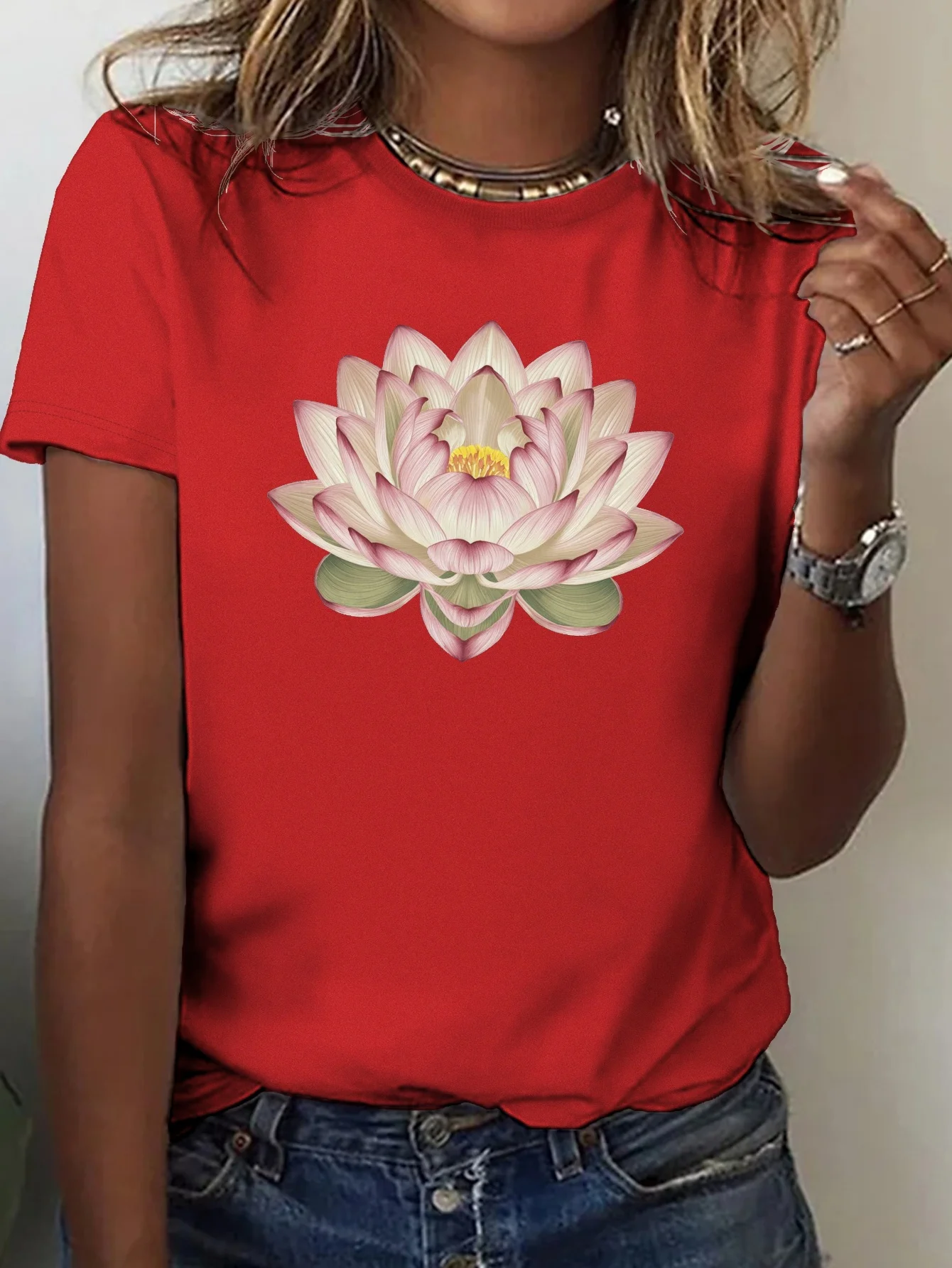 Women T-shirt Summer Short Sleeve Print Clothes T Shirt Watercolor Lotus Graphic Painting Bird Clothing Fashion Female Top