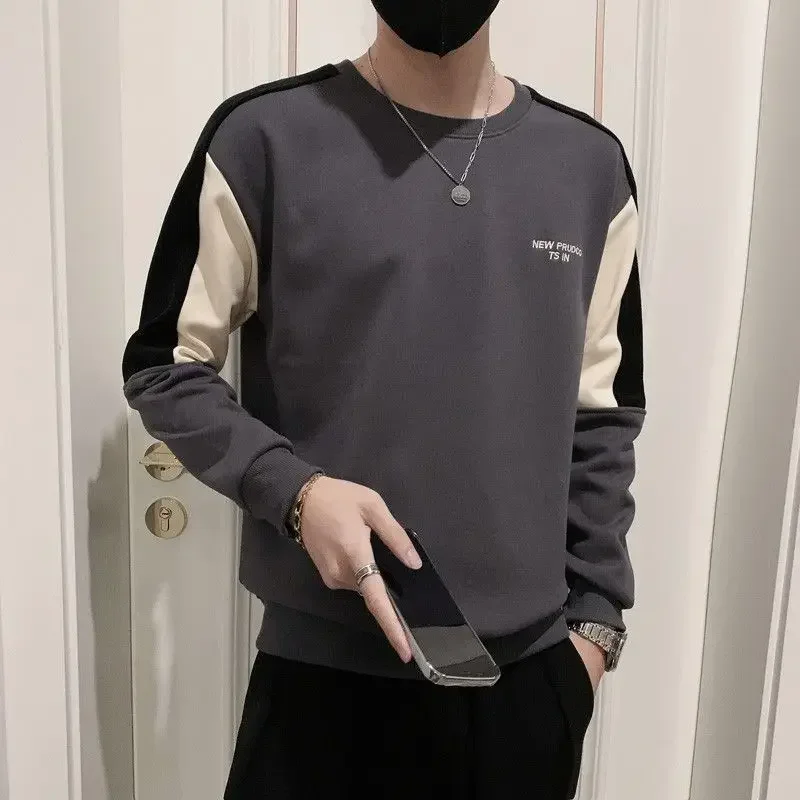 Tops Pullover Round Neck T Shirts for Men Spliced Male Clothes Baggy Embroidery Full Sleeve Fashion Trends 2024 Korean Autumn It image 2