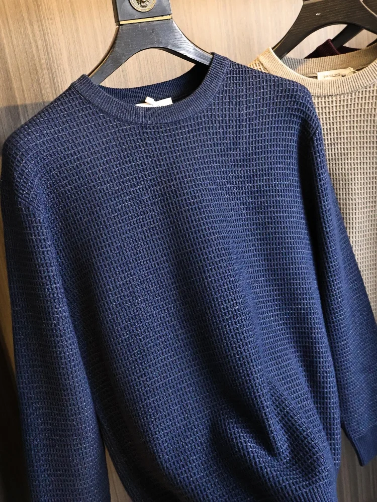 Thickened Knitted Texture Fabric Men's Long Sleeve round Neck Sweater Autumn Winter Warm Comfortable Versatile Casual Style K...