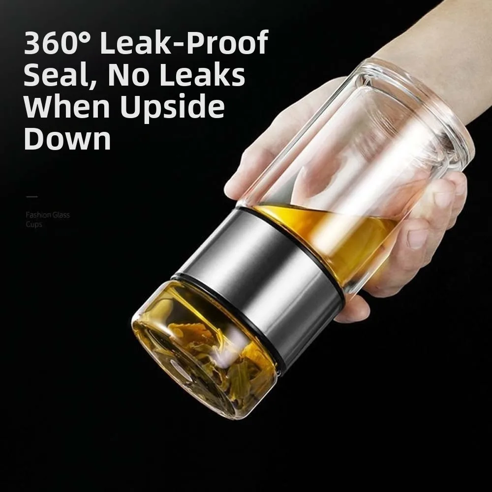 

Borosilicate Glass Tea Water Separation Bottle 304 Stainless Steel Round Mouth 500ML Tea Bottle Leak-proof