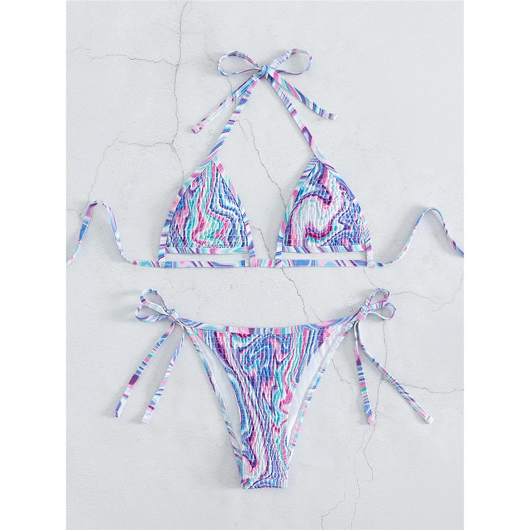 Bunter Neckholder-Bikini mit Trägern, Damen-Badeanzug, zweiteiliges Bikini-Set, Badeanzug mit hohem Beinausschnitt, Badebekleidung, Schwimmanzug V6005 – Detail 10