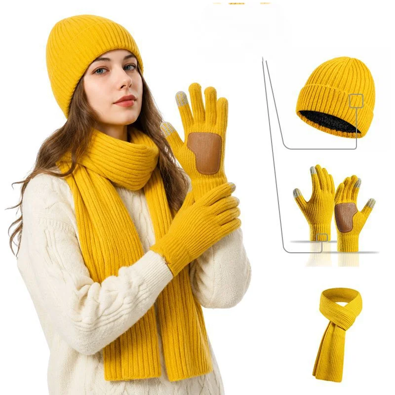 3Pcs Winter Knitted Beanie Hat Scarf Gloves Set Hat Touchscreen Gloves Neck Warmer for Women Men Outdoor Accessories