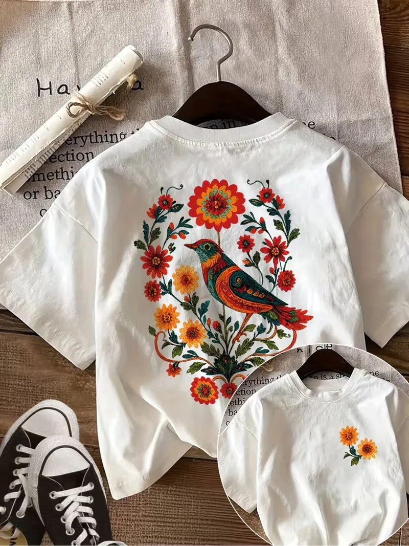 Hummingbird Front Back Print T Shirt Casual Loose Streetwear Daily Wear Casual Short Sleeve Round Neck Top Lady's tops
