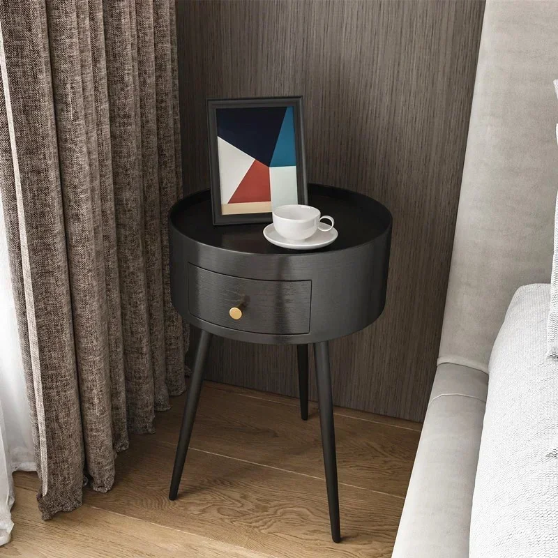 Versatile Circular Nightstands: Minimalist Modern Bedroom Easy Install Black Walnut Bedside Table Space-Saving Design