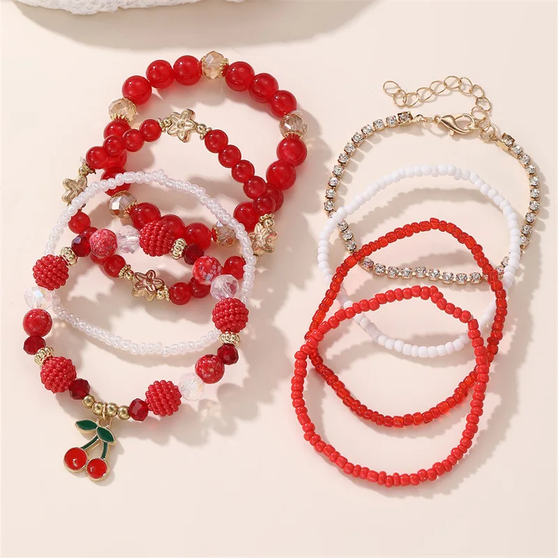 8pcs/set Cherry Bracelet for Girls – Red Beads & Lucky Charms, a Sweet Festive Treat for Little Ones.