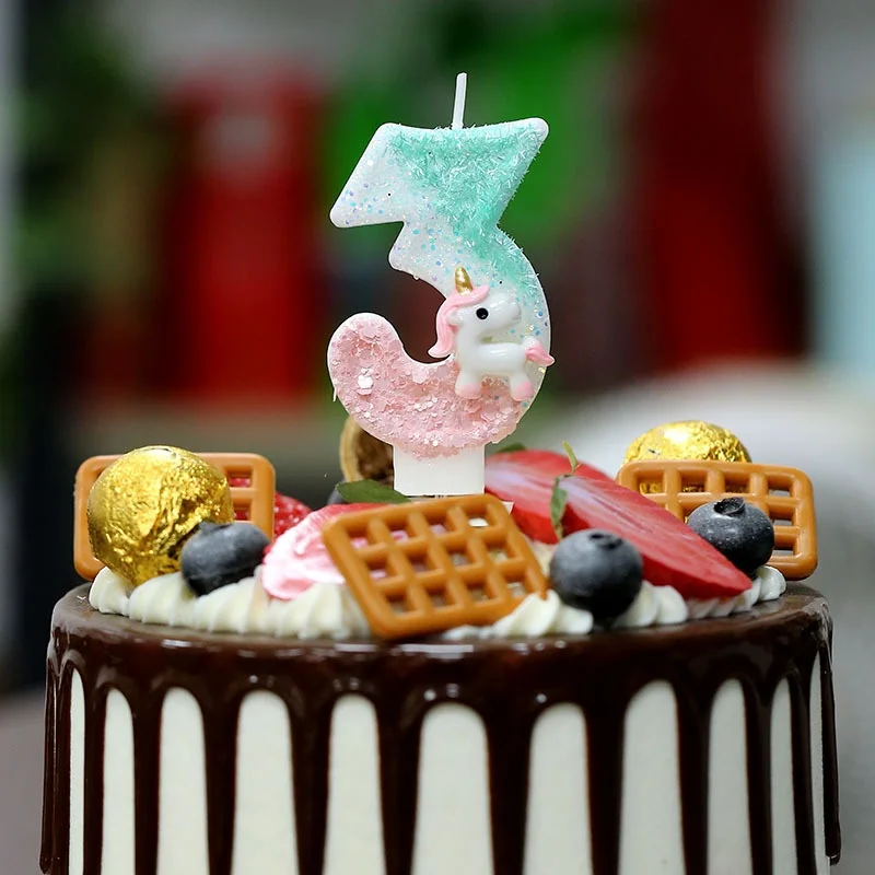 

Birthday Candle Pink Green Unicorn Glitter Boy Girl Happy Birthday Wedding Dessert Cake Topper Baking Supplies Decoration