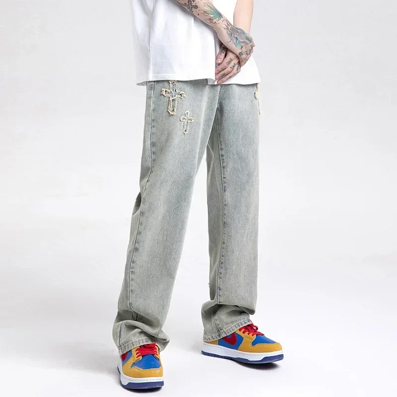 

Men's clothing # American vibe style yellow mud dyed cross jeans men's ins embroidered high street wide leg long pants