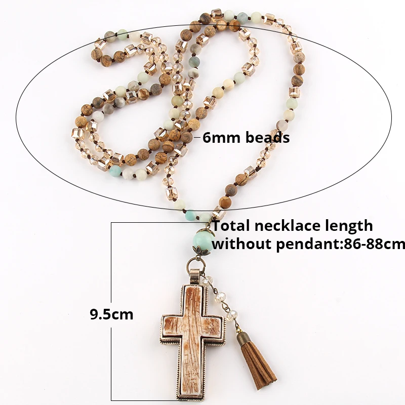 RH New Fashion Bohemian Jewelry Accessory Multi Natural Stones /Glass Crystal Knotted Tassel Cross Necklace Women Gift Dropship