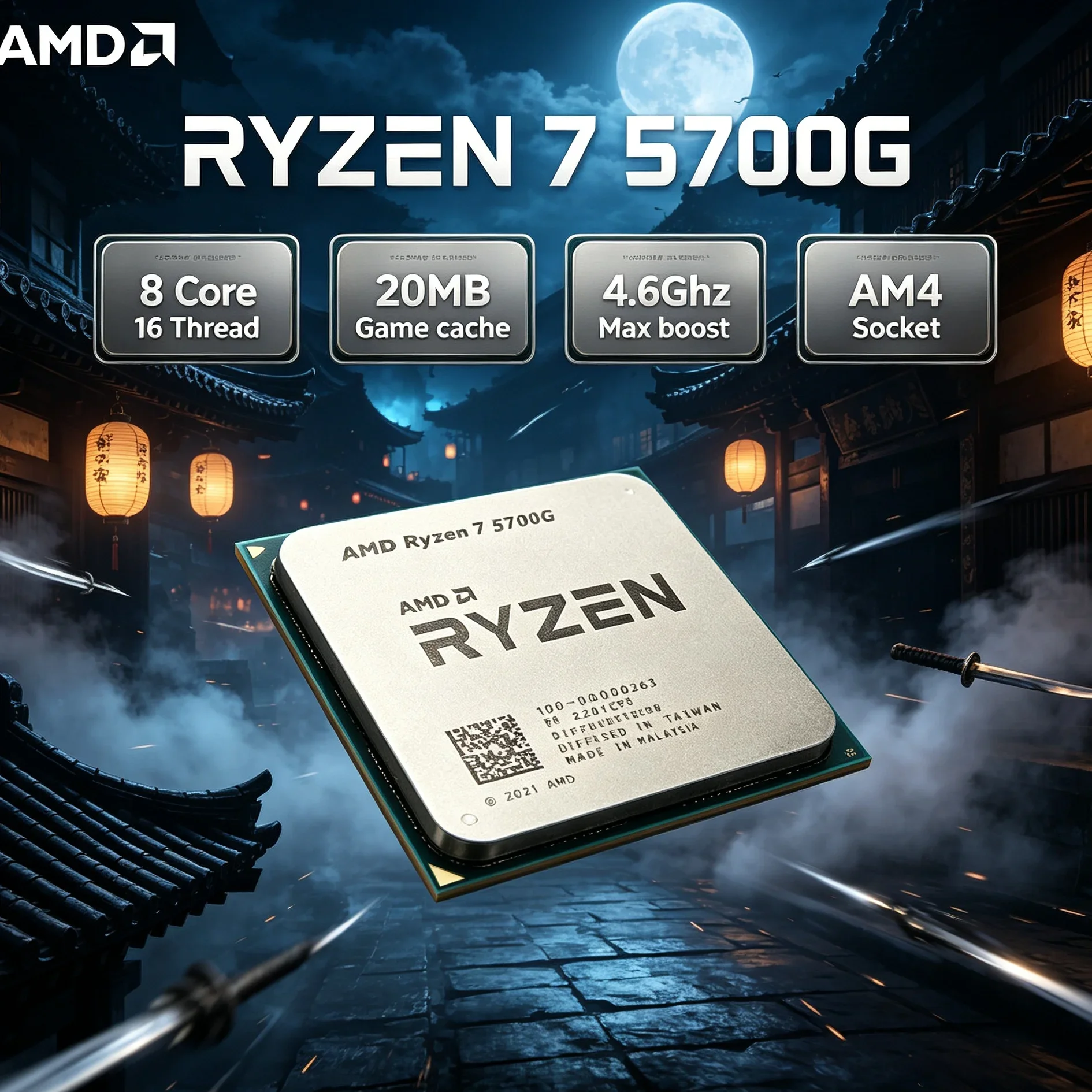 AMD Ryzen 7 5700G Quiet 65W CPU for Small Cases & HTPC, AM4 8-Core 16-Thread APU 4.6GHz Radeon Graphics, Without Cooler
