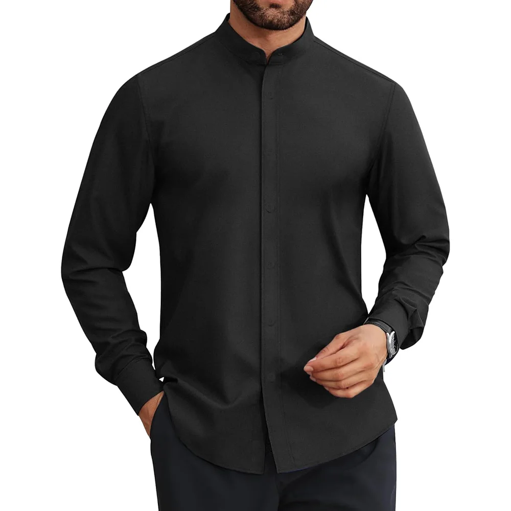 قميص Sprig Summmer من القطن والكتان للرجال برقبة هنلي بلون سادة وخفيف الوزن وجيد التهوية وصدر واحد #2