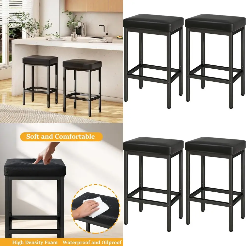 

Пара 26-дюймовых барных стульев из черной искусственной кожи с толстой обивкой и металлическим основанием для кухонного острова