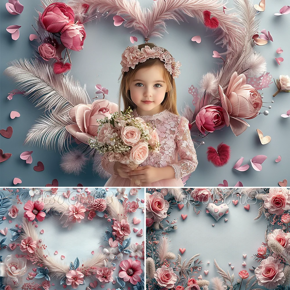 Fondo de fotografía del Día de San Valentín, corona temática, corazones, plumas, flores, fondo suave energético para bebé, sesión fotográfica de estudio fotográfico