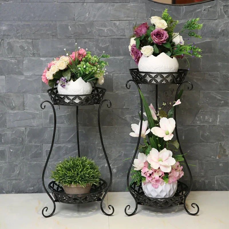 European Wrought Iron Flowerpot Stand, DoubleLayer Indoor Plant Holder, MultiLayer Floor Display for Home and Garden