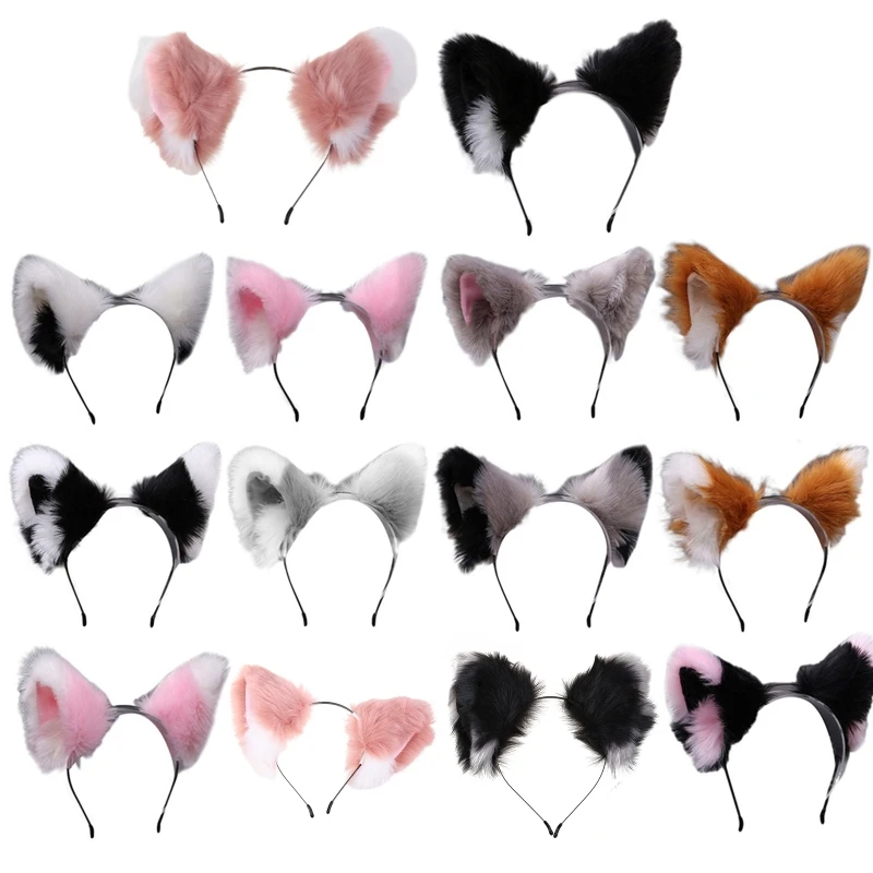 Y166 Women Realistic Long Furry Animal for Cat Ears Headband Anime Hair Hoop Halloween Festival Party Headpiece