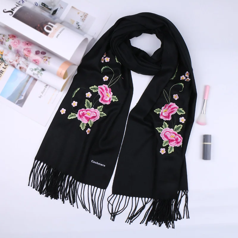 Winter Imitation Cashmere Scarf Embroidered Floral Pashmina Solid Tassal Wraps For Women Elegant Blanket Warm Shawl 200*70cm