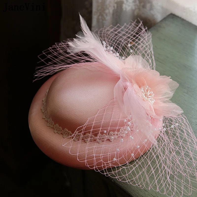 JaneVini Pink Feathers Facinators Hats for Women 2022 Mesh Pearl Bridal Head Piece Cocktail Party Dinner Ladies Wedding Hat