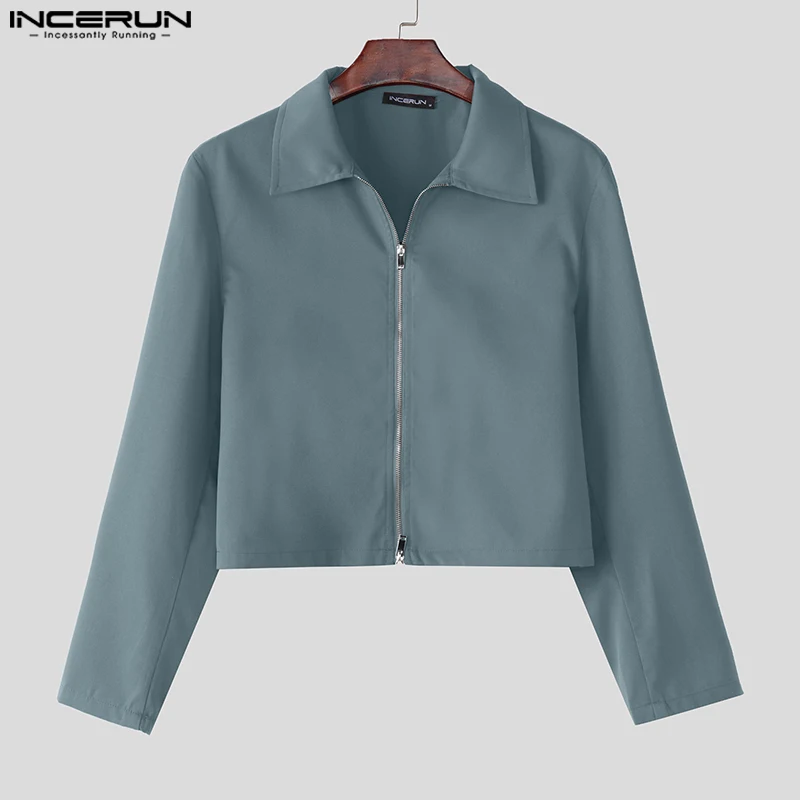 INCERUN Fashion Casual Style Coat New Men's Solid Cropped Zipper Jackets Handsome Male All-match Long Sleeved Jackets S-5XL