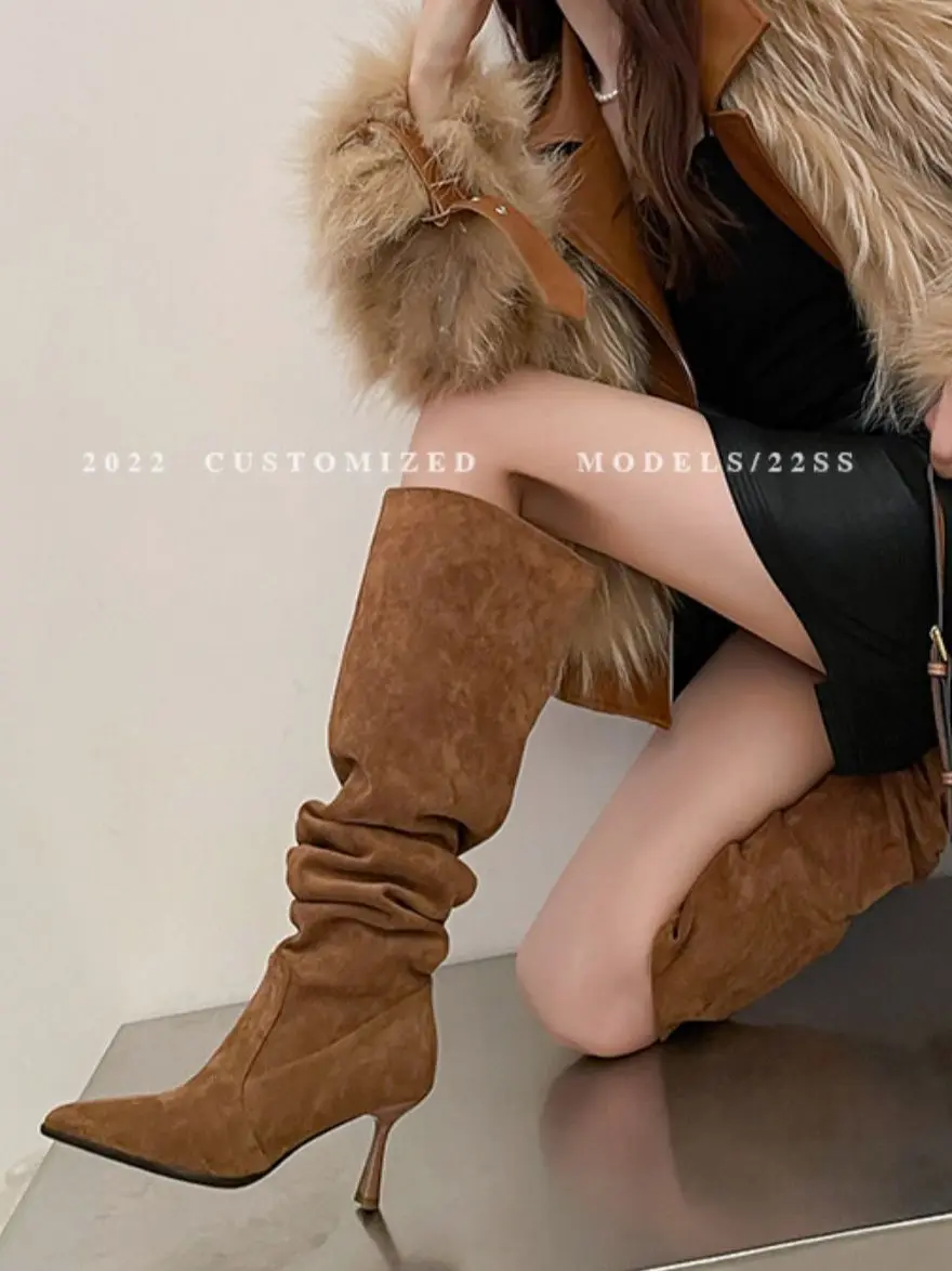 

Spring Autumn Woman BootsSlip On High Heel Simple Pleated Shoes Faux Suede Botas French Style Winter Warm Boots Big Girth