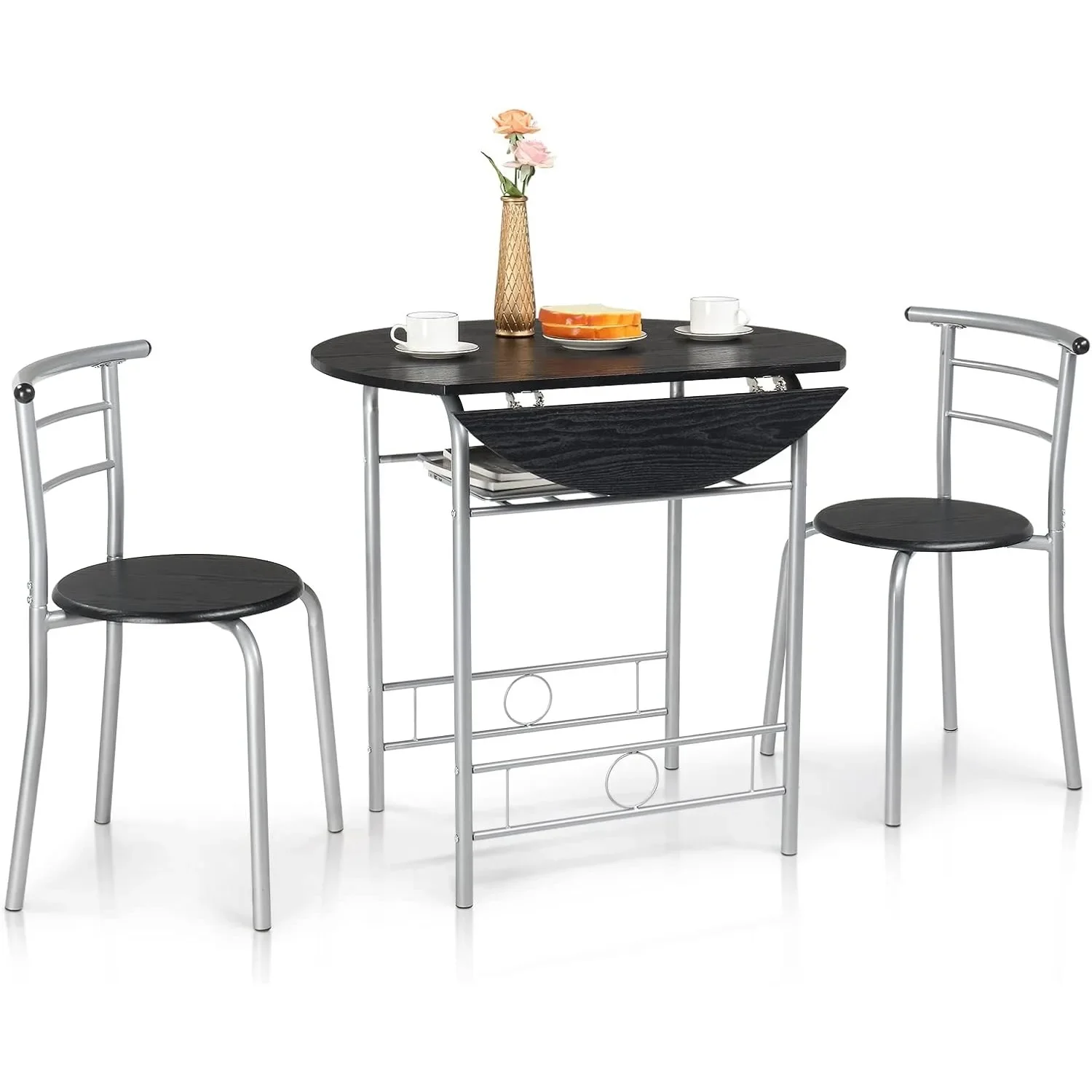 Juego de mesa de comedor de 31,5 pulgadas, 3 piezas, juego de mesa de cocina pequeña para 2, mesa de comedor plegable redonda con 2 sillas, plateada y negra