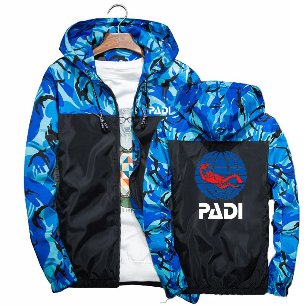 

Scuba Driver Padi Printed 2023 New Men's Hooded Patchwork Camouflage Jacket Spring Autumn Harajuku Casual Thin Windbreaker Coat