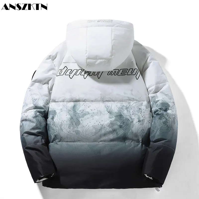 ANSZKTN ผู้ชายฤดูหนาว Warm หนาผู้หญิงคู่ปักเบาะ Cropped Hooded Snowy Mountain Gradient Coat ลงเสื้อสำหรับชาย