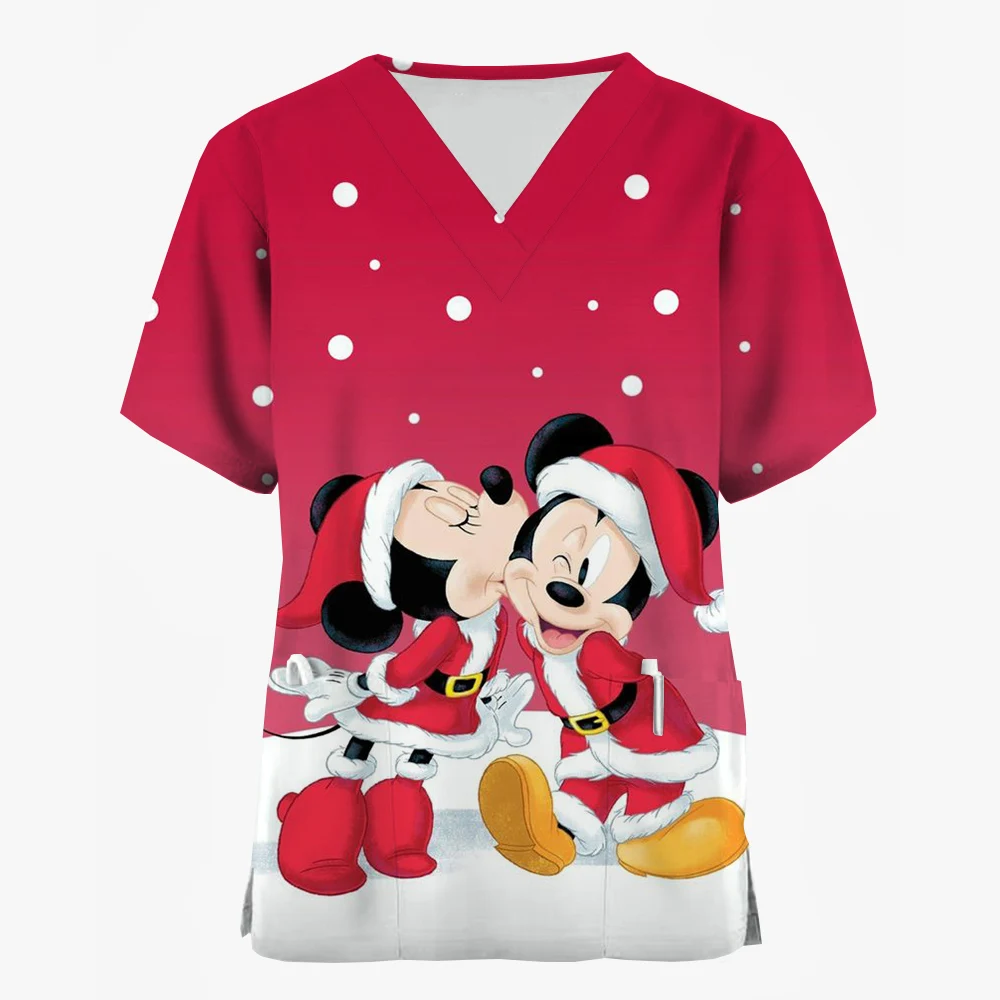 Christmas Disney Mickey Mouse print scrub nurse uniform women's shirt V-neck short sleeved nursing snowman print workwear