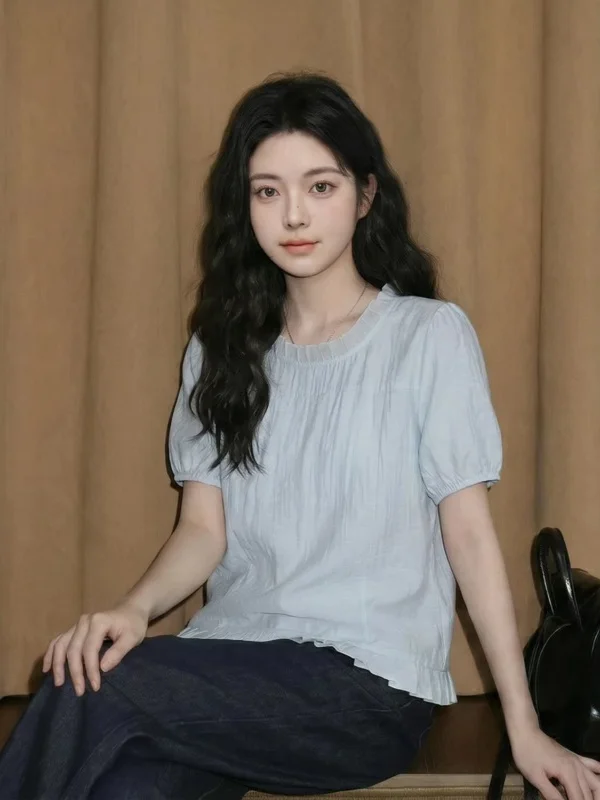 

Blue ort Sve Women's irt Summer New Sle plus Size Faion Slimming European Sle Bubble Sve round Ne Top