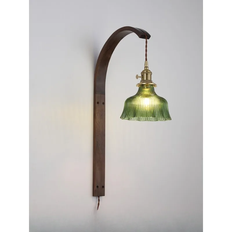 

Japanese-style wabi-sabi wind socket retro literary walnut color bed and breakfast stairs living room background wall bedroom