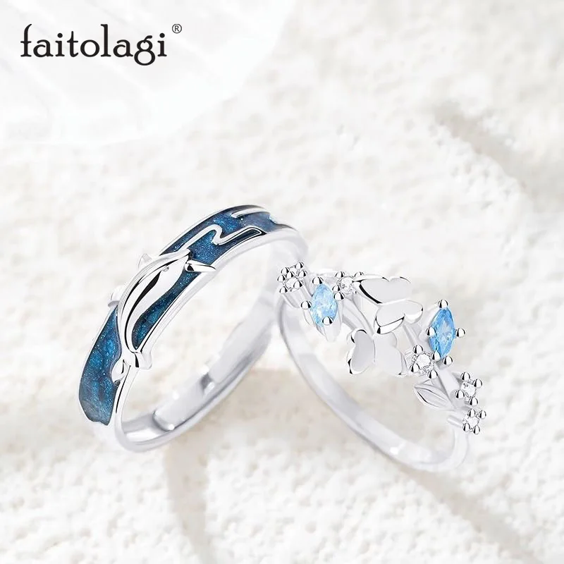 Anillos para amantes de la mariposa y ballena del océano azul, conjunto de anillos de pareja de cristal azul de Color plateado romántico, conjunto de anillos creativos, joyería para hombres y mujeres