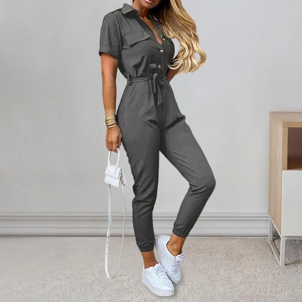 Solid Color Jumpsuit Lady Jumpsuit Chic Striped Print Jumpsuit Elegant Ol Commute Style with Slim Waist Lace-up for Women