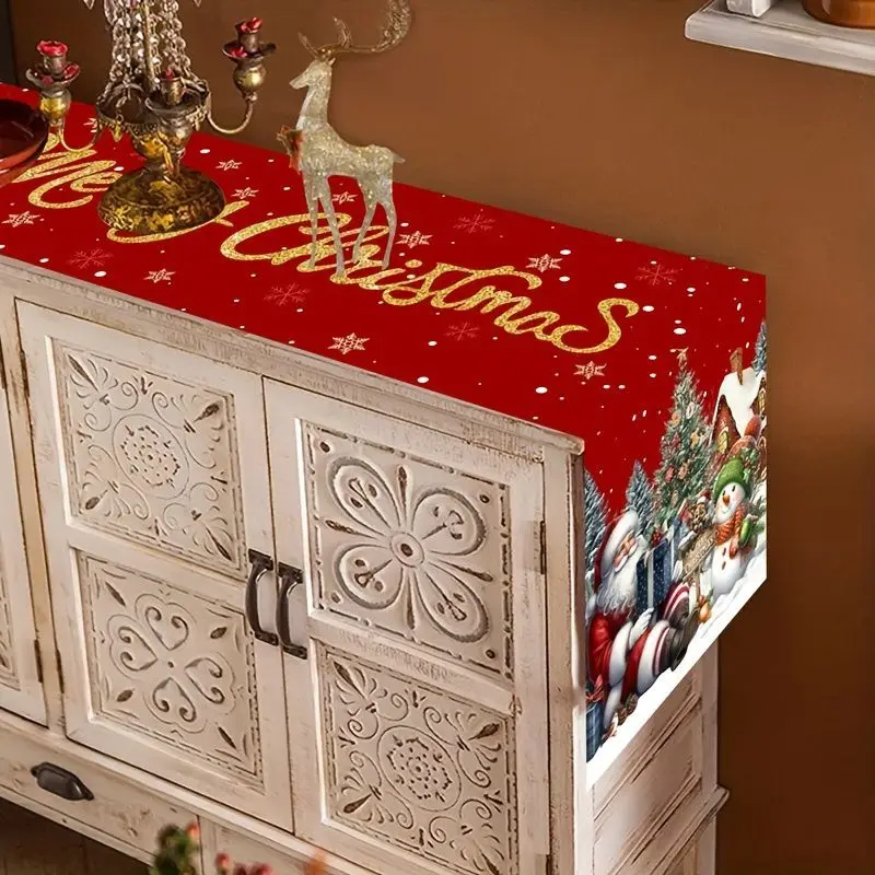 VIKAMA Christmas Table Runner Red Gold Merry Xmas Santa Snowman Print Dresser Scarf For Dining Room Kitchen Holiday Party Decor