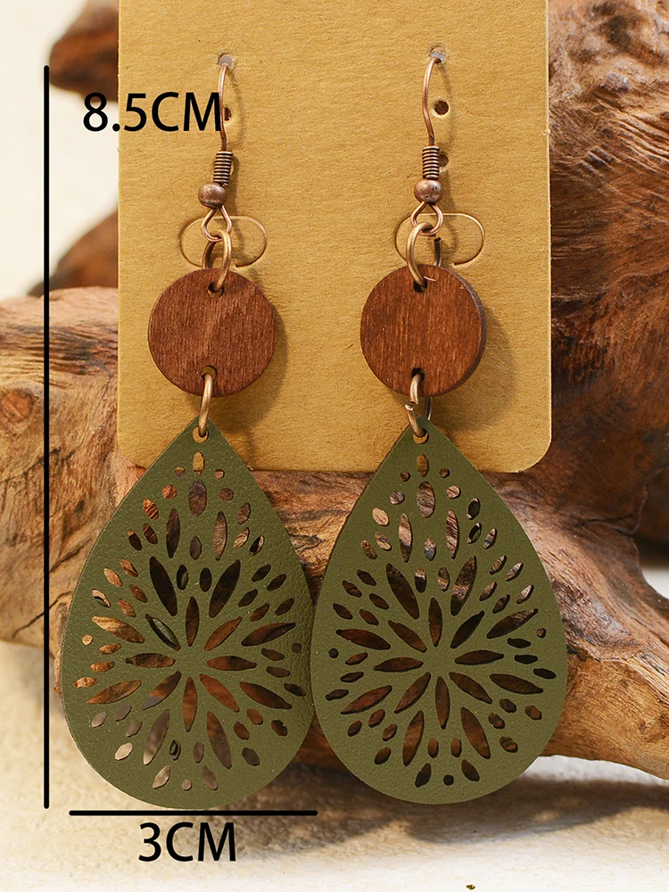 Trendy Vintage Ethnic Round Wood Leather Drop Dangle Earrings For Women Boho Geometric Hollow Flower Lightweight Earings Jewelry