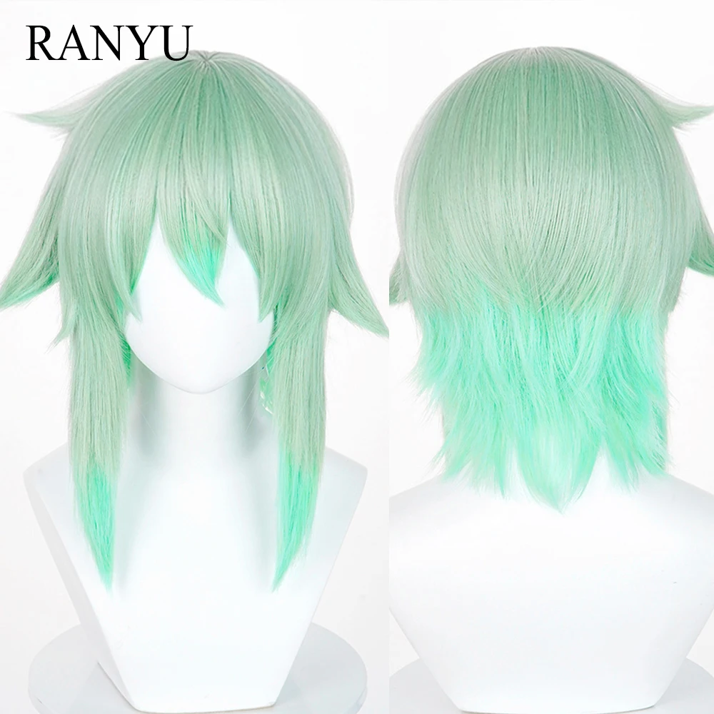 Short Straight Synthetic Wigs Ombre Green Anime Game Cosplay Fluffy Heat Resistant Wig with Bangs for Daily Party