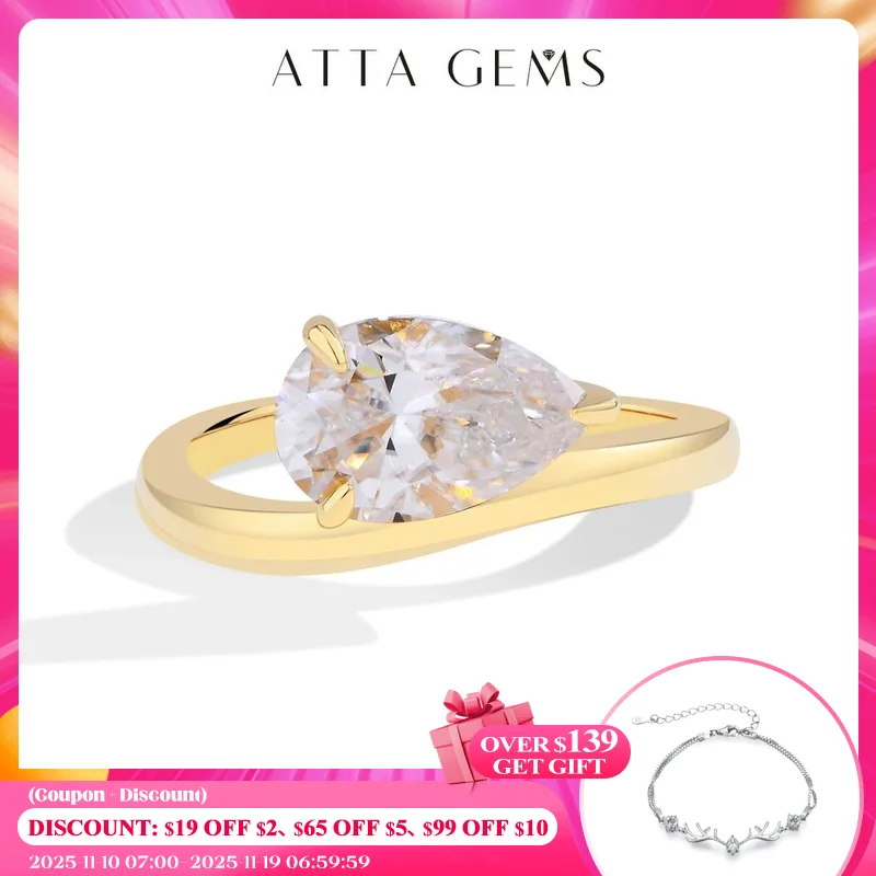 

ATTAGEMS Sparkling 3CT Pear Cut Moissanite Ring for Women VVS1 Lab Diamond Wavy Band S925 Sterling Silver Solitaire Wedding Gift