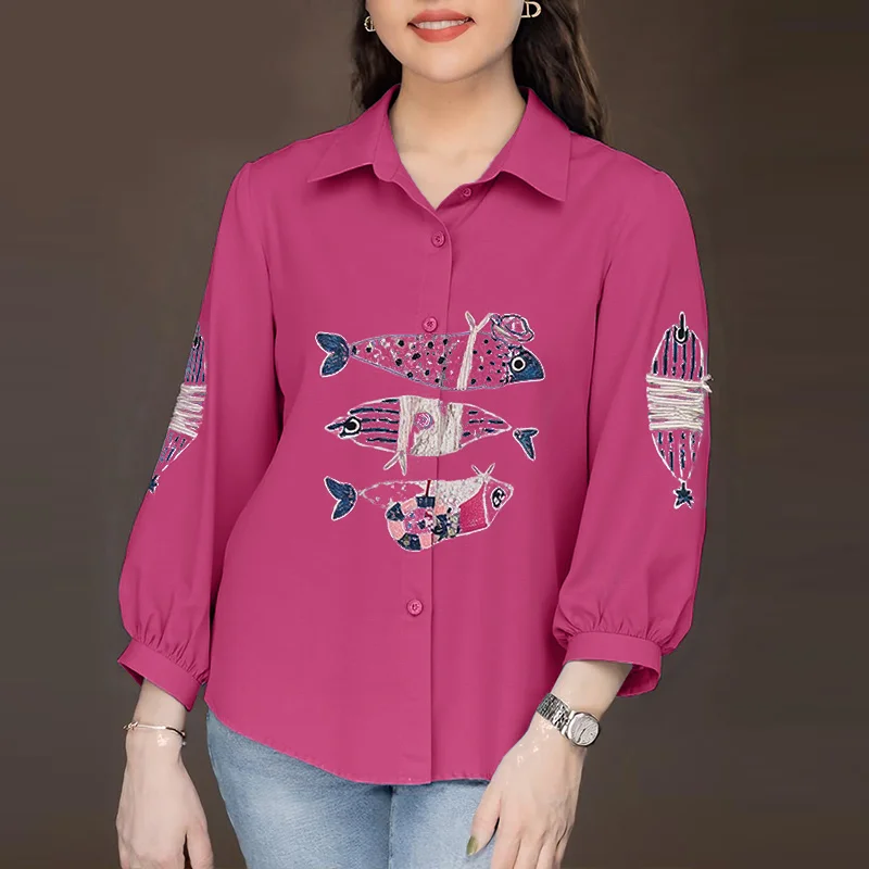 2026 ZANZEA قمصان نسائية مطبوعة على شكل سمكة وطية صدر السترة 3/4 كم بلوزات فضفاضة غير رسمية بلوزة نسائية عتيقة موضة أنيقة للمكتب للسيدات Blusa #4