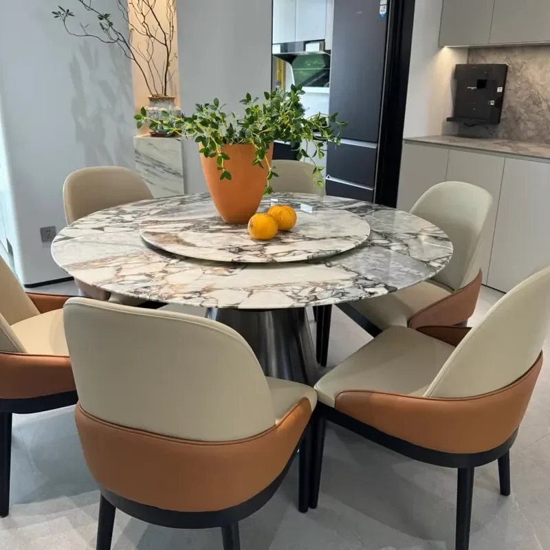 Brazilian Stone Marble Dining Table Customizable Round Size Rich Texture for Home or Restaurant Seats 6-15 People