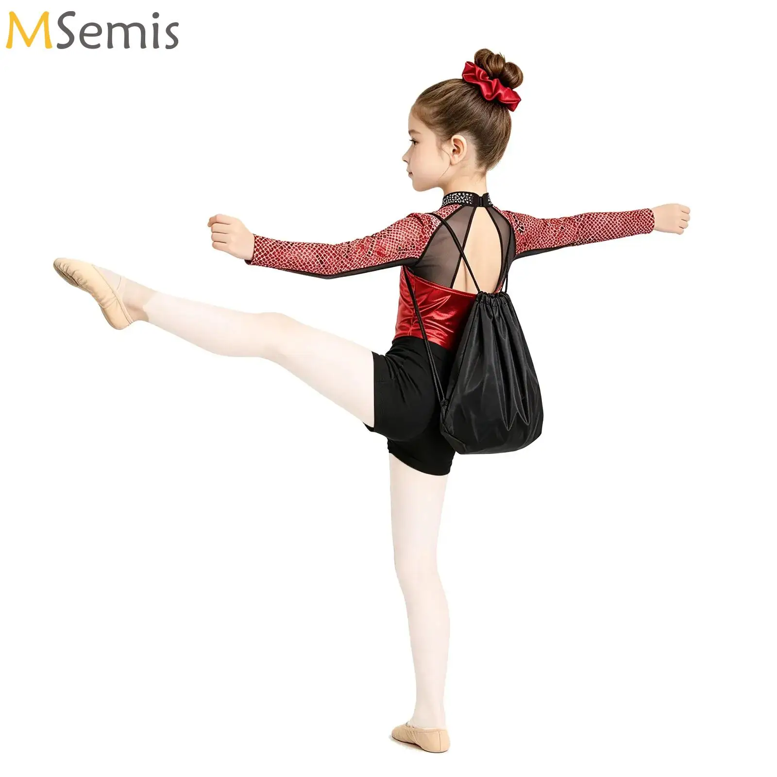 

Kids Girls Mesh Long Sleeve Gymnastics Bodysuit Rhinestones Ballet Dance Leotard Color Block Skating Jumpsuit Shorts Dancewear S