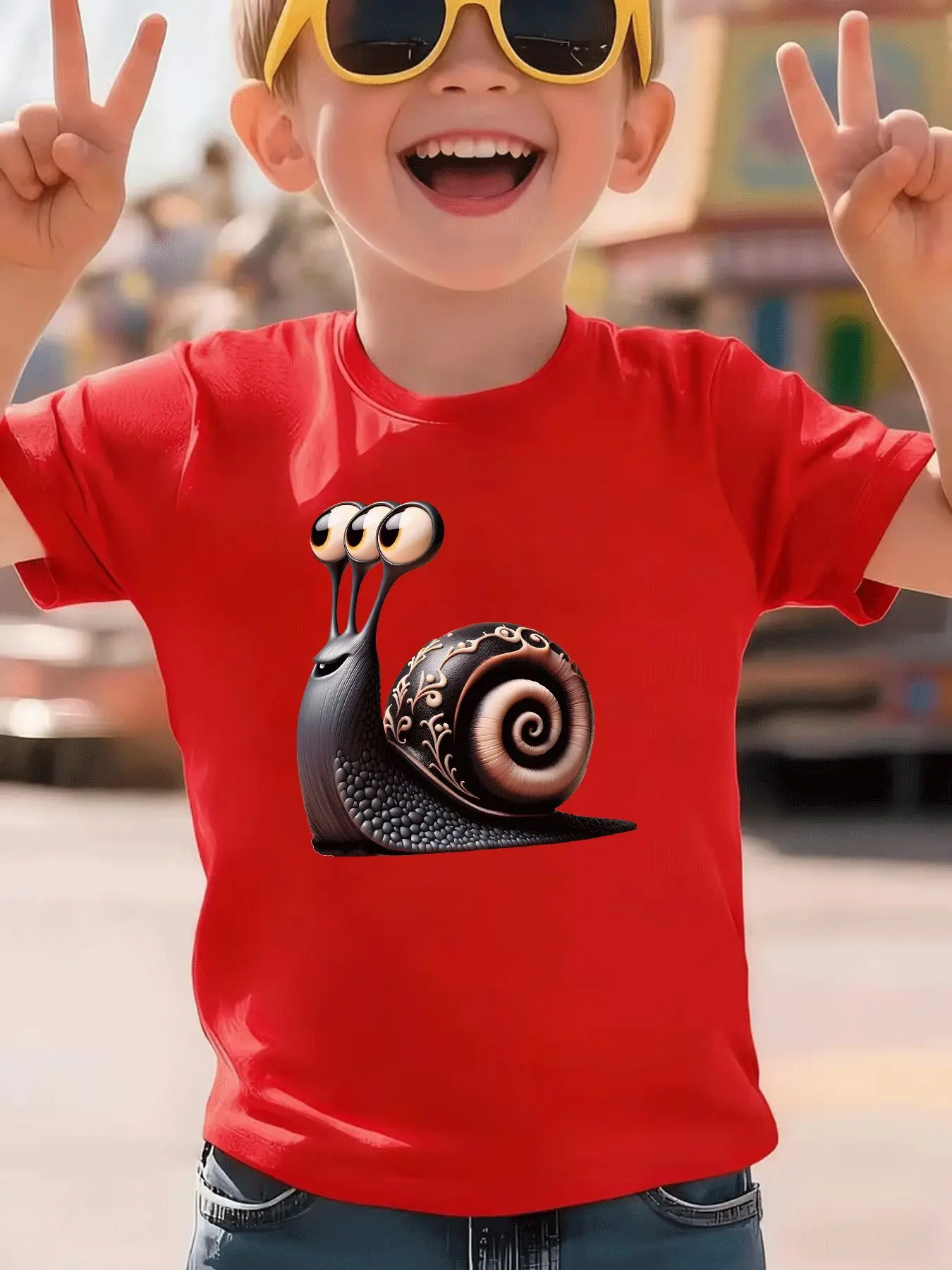 Children's Summer Leisure Trendy Cute Three Eyed Snail Pattern T-shirt Summer Holiday Gift Daily Parent Child Wear