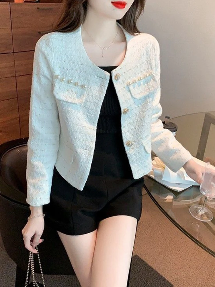 Jmprs Sweet Women Elegant Tweed Jackets Korean Fashion Pearl Buttons Casual Coat Female O Neck Long Sleeve Casual Short Outwear