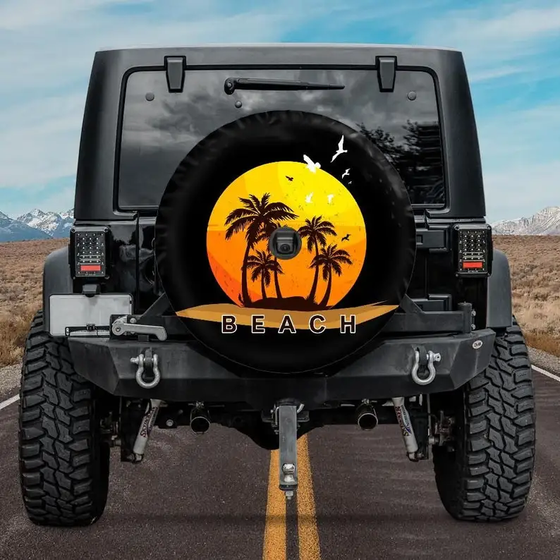 Spare Tire Cover Beach Sunset Plam trees, Beach Tire Cover, Optional rear camera hole, Car accessories, girl, Accessories