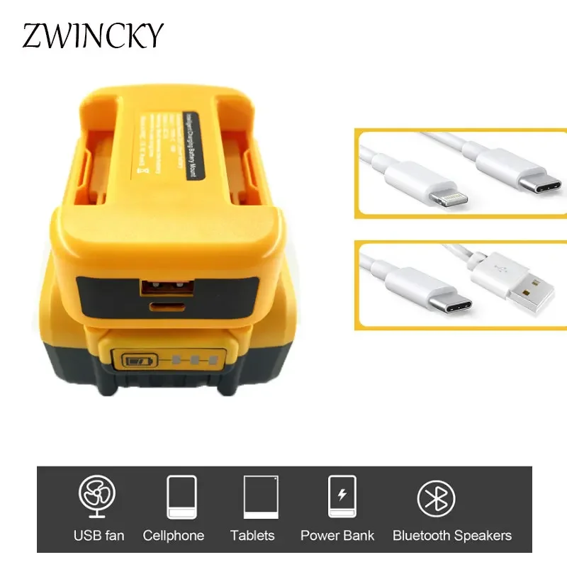 USB Charger Adapter for Dewalt 18V 20V Lithitum Battery Portable Power Source USB Port Type-C Port Charging Battery Belt Buckle