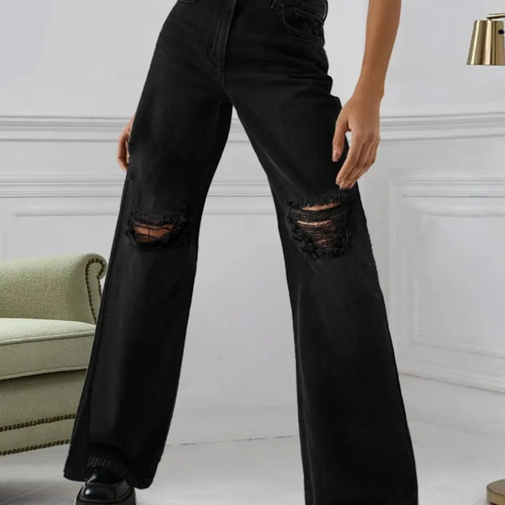 Wishebay Europejska i Amerykańska Moda Uliczna Jeansy Proste z Wysokim Stanem, Dziurami i Rozcięciem dla Wysokich Kobiet