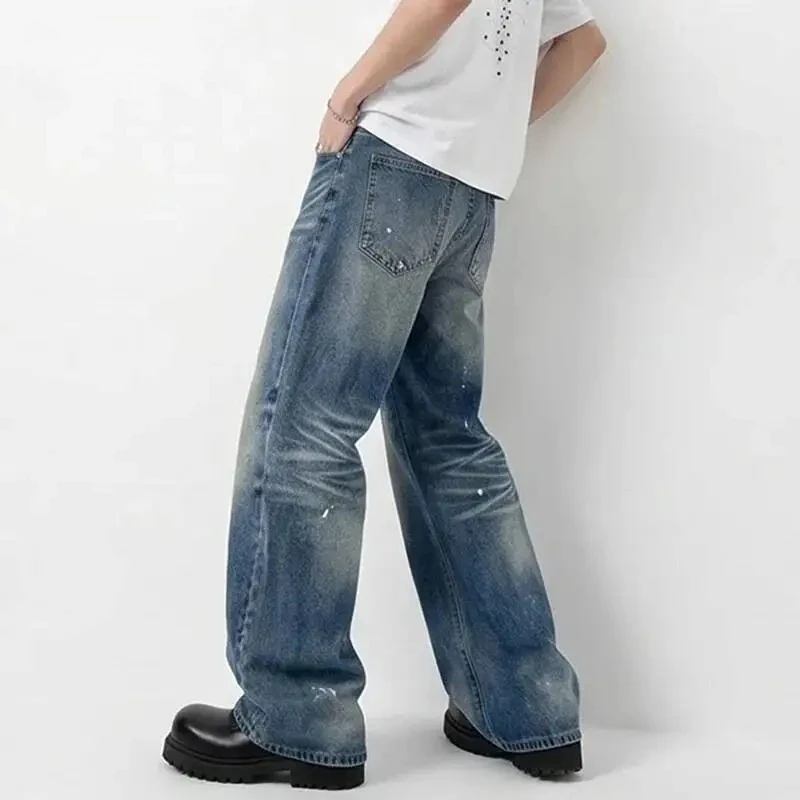 Summer Fashion New Men's Washed Vintage Blue Wide Leg Jeans American Style Paint Splatter Loose Straight Denim Pants