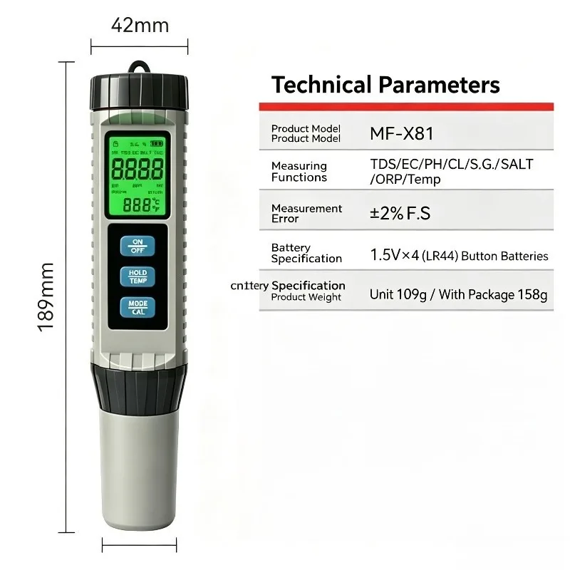 8‑in‑1 Water Quality Test Pen TDS EC PH Temperature ORP CL Salt Multi‑Functional Water Detector for Household Aquarium Pool