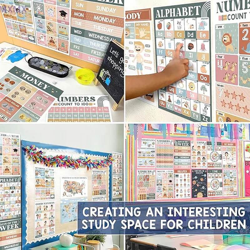 18 Modern Boho Educational Posters For Preschoolers - Laminated Pre-K And Kindergarten Learning Poster Charts For Toddlers