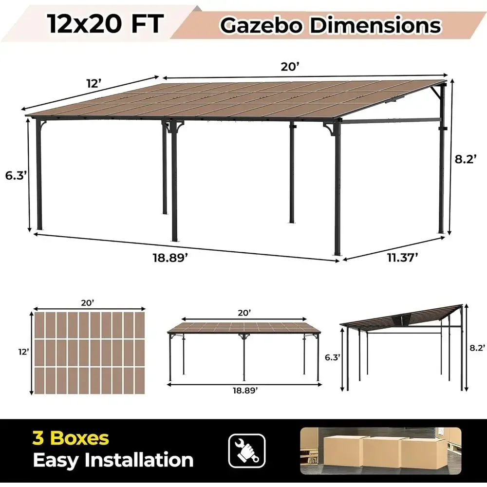 12’ x 20’ Gazebo, Outdoor Pergolas and Gazebos on Clearance, Hard Top Lean to Gazebo with Metal e, Pergola Wall Mounted Pergola