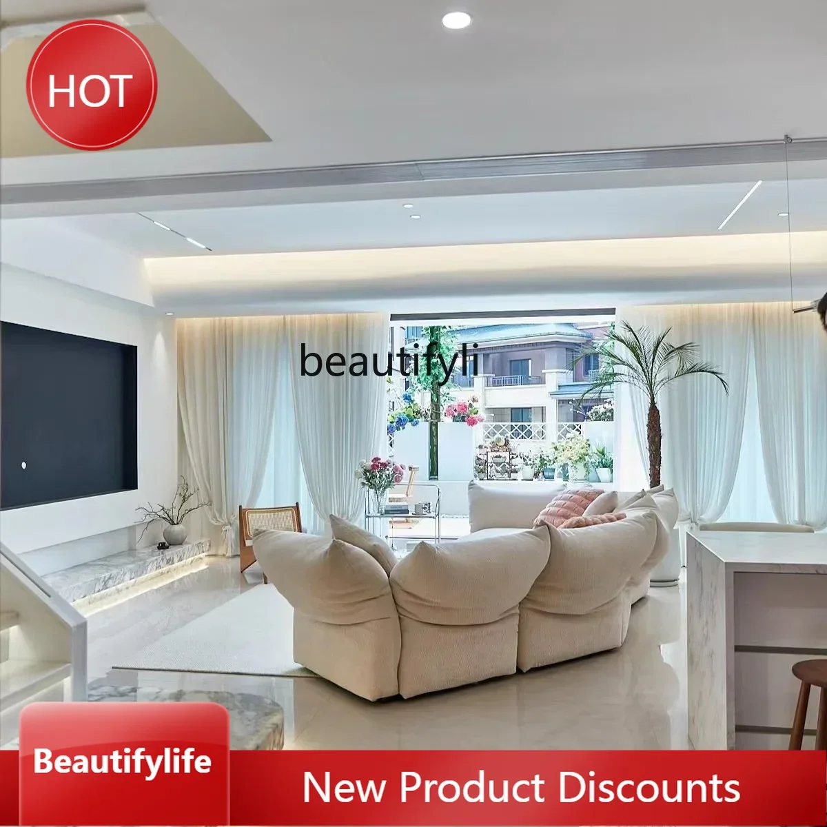 

J46 Italian simple petal sofa small apartment living room new special-shaped modern cream wind corner fabric sofa