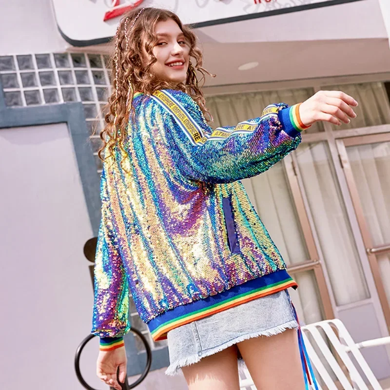 Luxury Sequins Coat Baseball Uniform Beading Bomber Jacket Rainbow Stitching Zipper Laser Cardigan Streetwear Tops Chaquetas