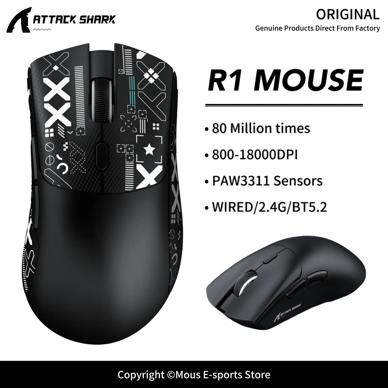R1 ATTACK SHARK Lightweight Wireless Gaming Mouse 18000DPI 400IPS 40G Acceleration 6-Level DPI Adjustable Ergonomic Design